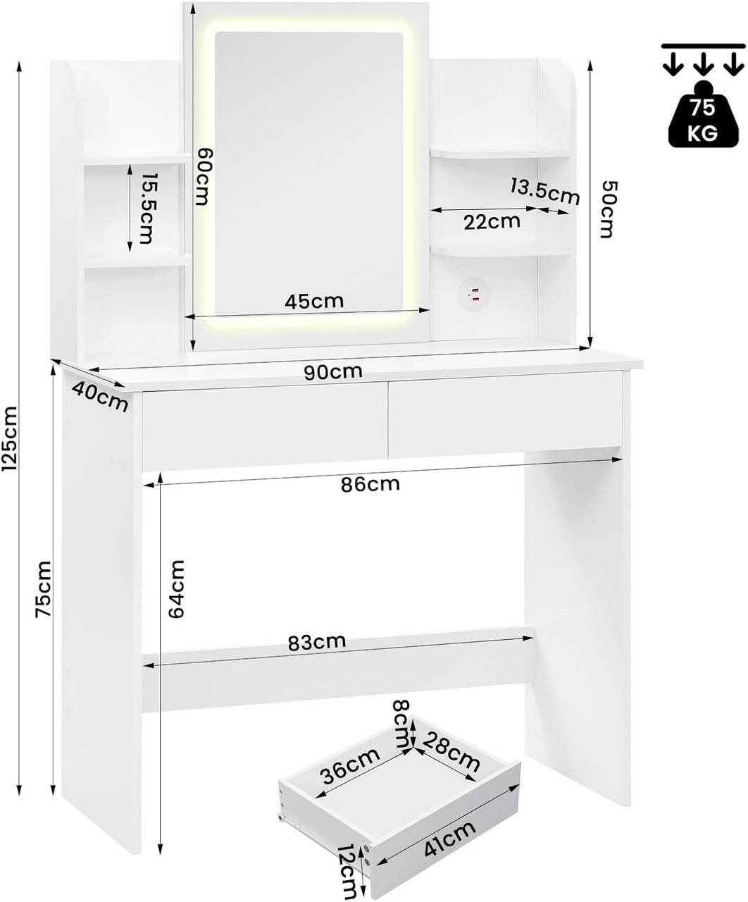 Dimensions de la coiffeuse